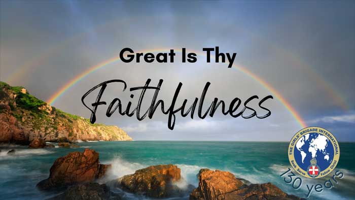 Ocean view with rainbow and text saying 'Grest is thy Faithfulness'